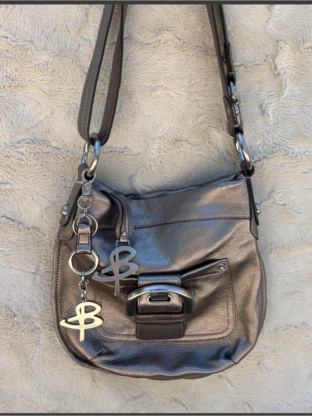 B. Makowski Metallic Pewter Leather Shoulder Bag with Logo Charm